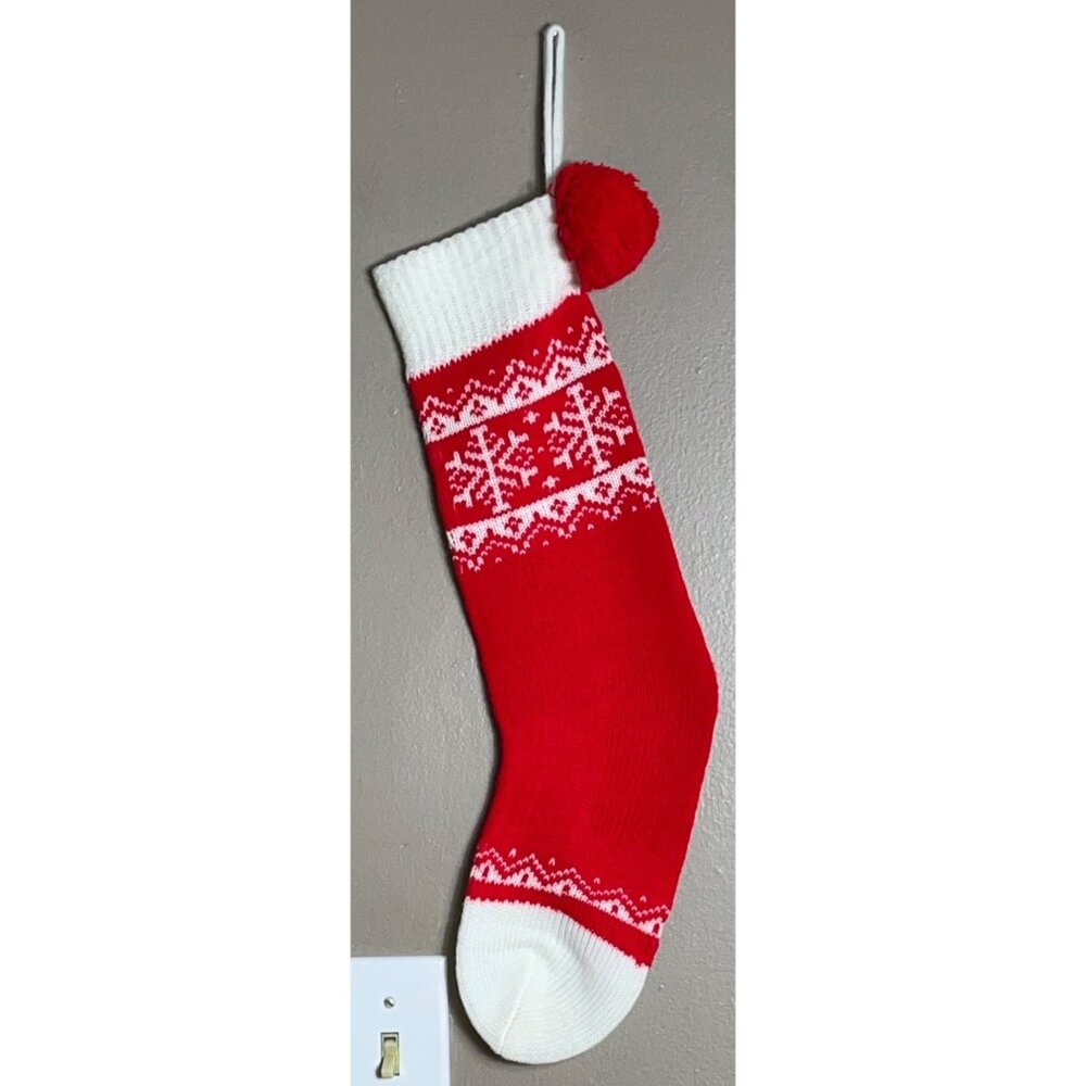 Vtg Christmas Stocking Knit Snowflake Fairisle Pompom Holiday Decor Cozy Hearth